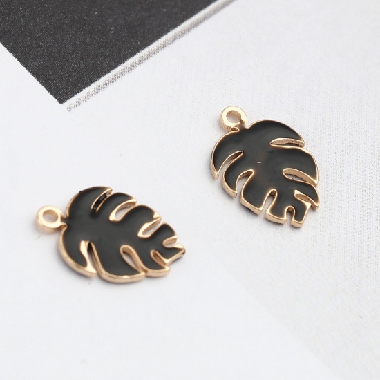 Picture of Copper Enamelled Sequins Charms Gold Plated Black Monstera 13mm x 9mm, 5 PCs