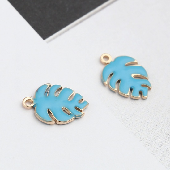 Picture of Brass Enamelled Sequins Charms Gold Plated Blue Monstera 13mm x 9mm, 5 PCs                                                                                                                                                                                    