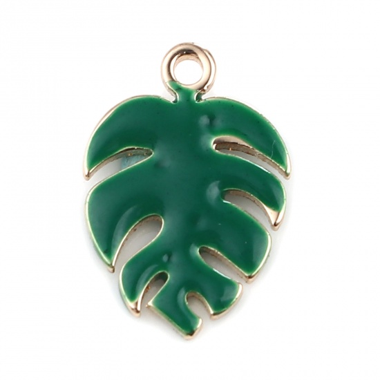 Picture of Copper Enamelled Sequins Charms Gold Plated Dark Green Monstera 13mm x 9mm, 5 PCs