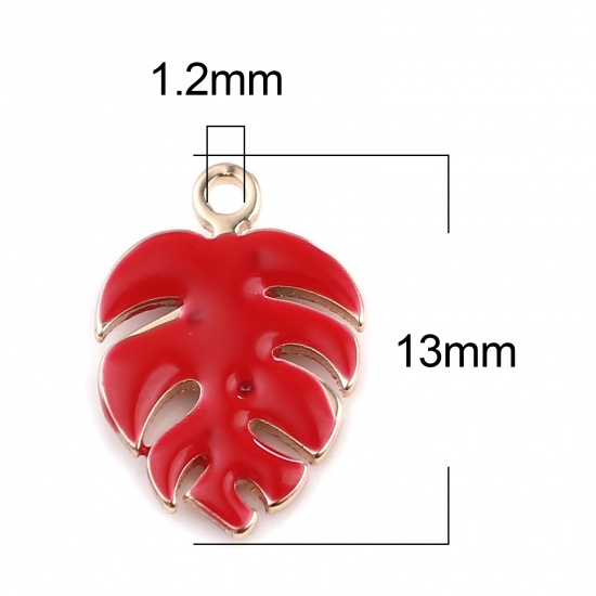 Picture of Copper Enamelled Sequins Charms Gold Plated Red Monstera 13mm x 9mm, 5 PCs
