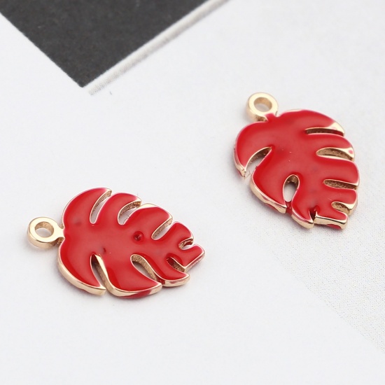 Picture of Brass Enamelled Sequins Charms Gold Plated Red Monstera 13mm x 9mm, 5 PCs                                                                                                                                                                                     