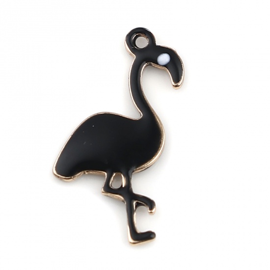 Picture of Brass Enamelled Sequins Charms Gold Plated Black Flamingo 14mm x 7mm, 5 PCs                                                                                                                                                                                   