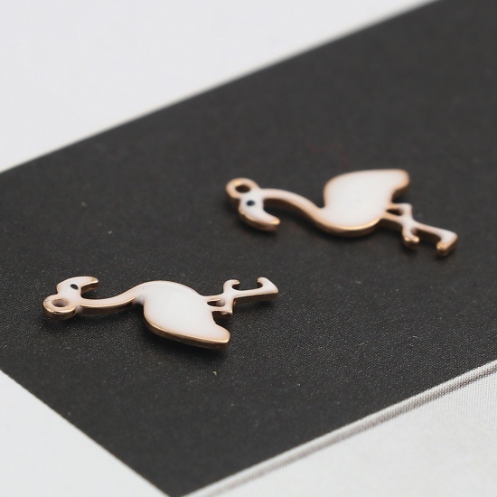 Picture of Brass Enamelled Sequins Charms Gold Plated White Flamingo 14mm x 7mm, 5 PCs                                                                                                                                                                                   
