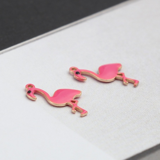 Picture of Brass Enamelled Sequins Charms Gold Plated Fuchsia Flamingo 14mm x 7mm, 5 PCs                                                                                                                                                                                 