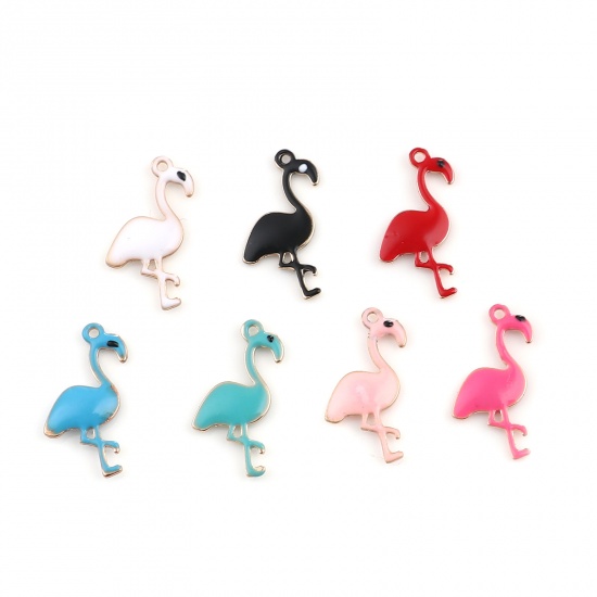 Picture of Brass Enamelled Sequins Charms Gold Plated Fuchsia Flamingo 14mm x 7mm, 5 PCs                                                                                                                                                                                 