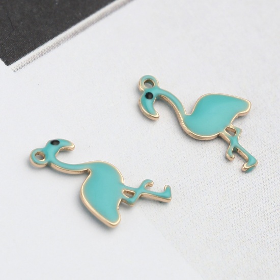 Picture of Brass Enamelled Sequins Charms Gold Plated Lake Blue Flamingo 14mm x 7mm, 5 PCs                                                                                                                                                                               