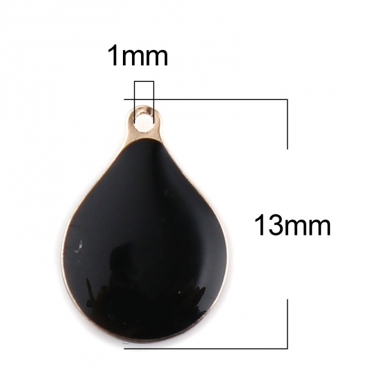 Bild von Messing Emaillierte Pailletten Charms Tropfen Vergoldet Schwarz 13mm x 9mm, 10 Stück