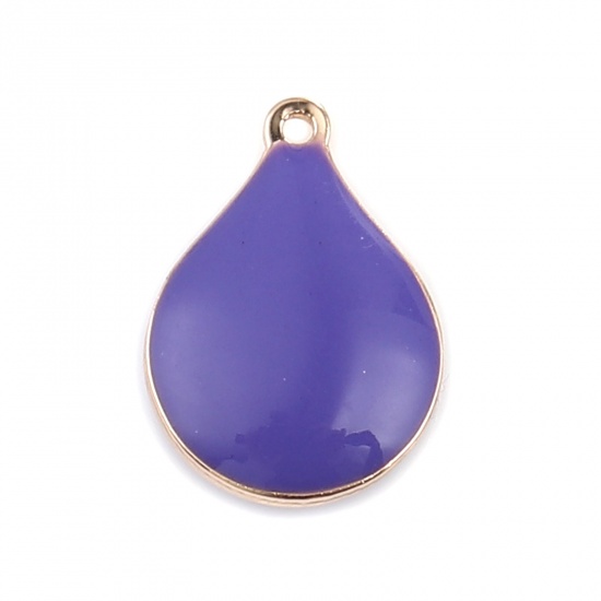 Bild von Messing Emaillierte Pailletten Charms Tropfen Vergoldet Blau Violett 13mm x 9mm, 10 Stück