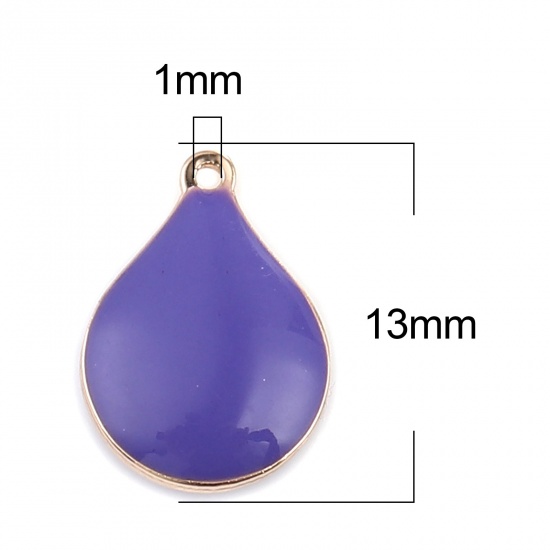 Bild von Messing Emaillierte Pailletten Charms Tropfen Vergoldet Blau Violett 13mm x 9mm, 10 Stück