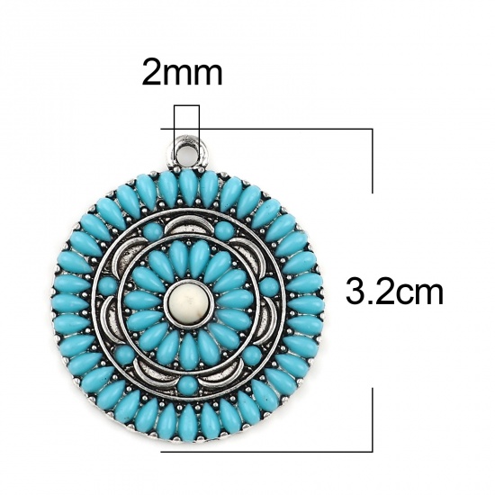 Picture of Zinc Based Alloy Boho Chic Bohemia Pendants Round Antique Silver Color Green Blue Flower Imitation Turquoise 32mm x 28mm, 1 Piece