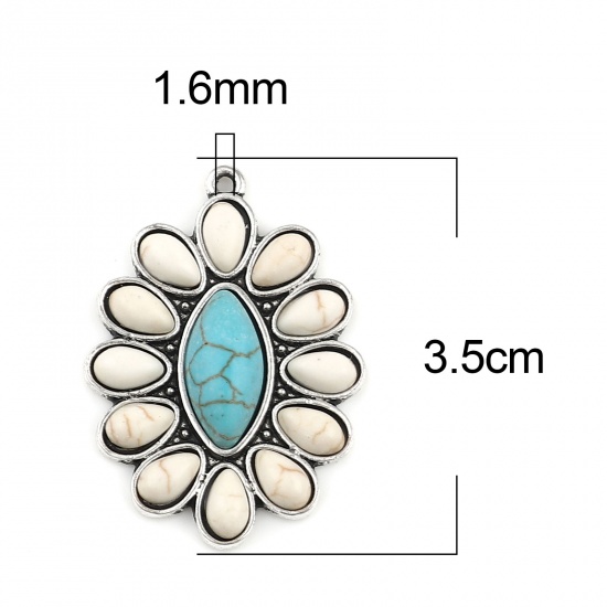Picture of Zinc Based Alloy Boho Chic Bohemia Pendants Oval Antique Silver Color Creamy-White Imitation Turquoise 35mm x 25mm, 3 PCs