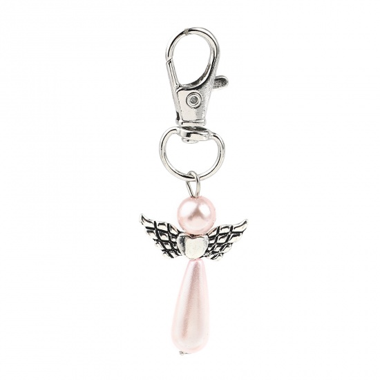 Keychain & Keyring Silver Tone Light Pink Heart Wing 67mm, 5 PCs の画像