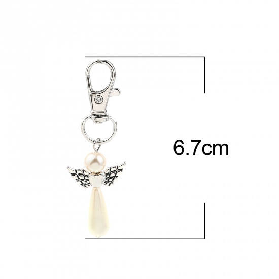 Picture of Keychain & Keyring Silver Tone Creamy-White Heart Wing 67mm, 5 PCs