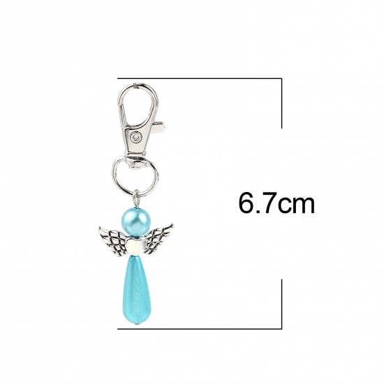 Picture of Keychain & Keyring Silver Tone Blue Heart Wing 67mm, 5 PCs