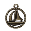 Picture of Zinc Metal Alloy Charms Round Antique Bronze Sailing Boat Carved Hollow 19mm( 6/8") x 16mm( 5/8"), 20 PCs