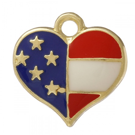 Zinc Based Alloy Sport Charms Heart Gold Plated Multicolor Flag Of The United States Enamel 16mm x 16mm, 10 PCs