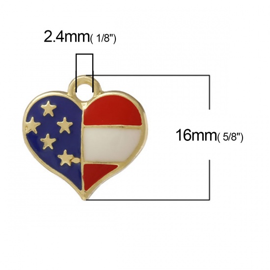 Picture of Zinc Based Alloy Sport Charms Heart Gold Plated Multicolor Flag Of The United States Enamel 16mm x 16mm, 10 PCs