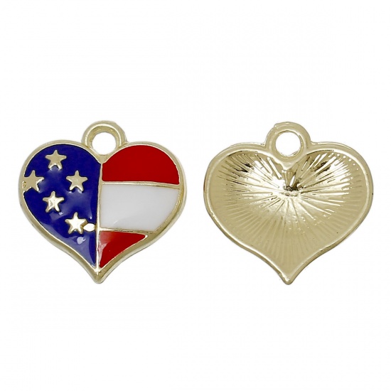Picture of Zinc Based Alloy Sport Charms Heart Gold Plated Multicolor Flag Of The United States Enamel 16mm x 16mm, 10 PCs