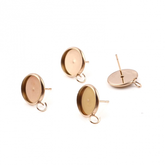 Picture of Stainless Steel Ear Post Stud Earrings Round Rose Gold W/ Loop Cabochon Settings (Fits 12mm Dia.) 18mm x 14mm, Post/ Wire Size: (21 gauge), 6 PCs