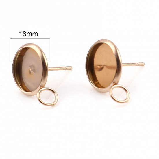 Picture of Stainless Steel Ear Post Stud Earrings Round Rose Gold W/ Loop Cabochon Settings (Fits 10mm Dia.) 17mm x 12mm, Post/ Wire Size: (21 gauge), 6 PCs