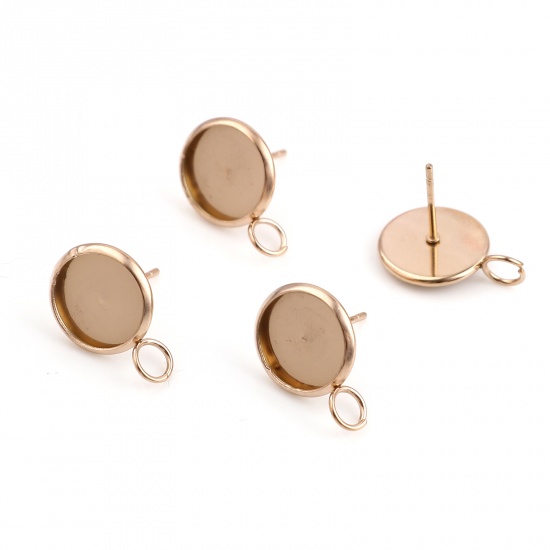 Picture of Stainless Steel Ear Post Stud Earrings Round Rose Gold W/ Loop Cabochon Settings (Fits 10mm Dia.) 17mm x 12mm, Post/ Wire Size: (21 gauge), 6 PCs