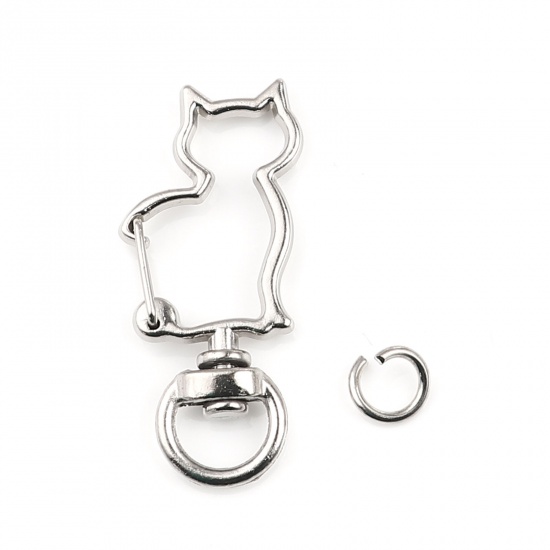 Picture of Keychain & Keyring Silver Tone Cat Animal 0.8cm Dia, 4.2cm x 1.9cm, 10 Sets ( 2 PCs/Set)