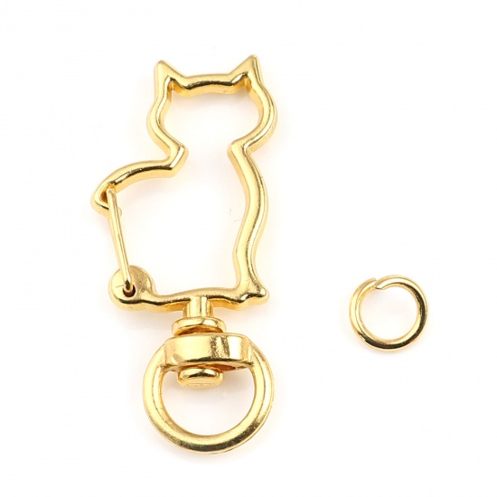 Picture of Keychain & Keyring Gold Plated Cat Animal 0.8cm Dia, 4.2cm x 1.9cm, 10 Sets ( 2 PCs/Set)
