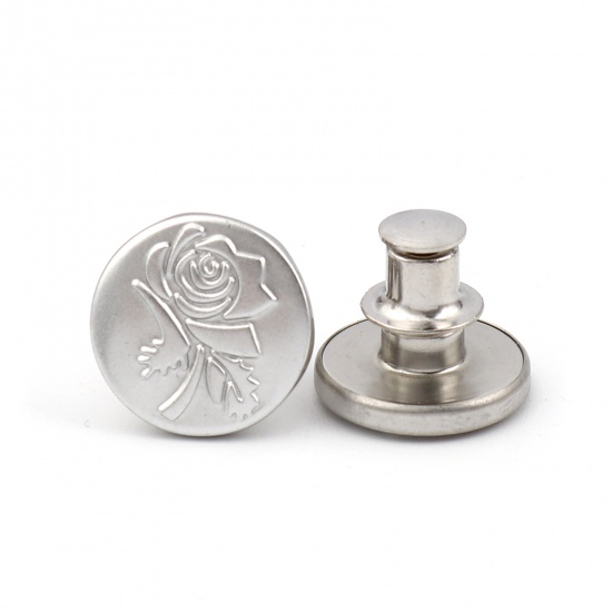 Picture of Zinc Based Alloy Metal Detachable Instant Snap Tack Fastener Jeans Buttons Pant Waistband Extender Round Silver Tone Flower Carved Adjustable 17mm Dia., 2 PCs
