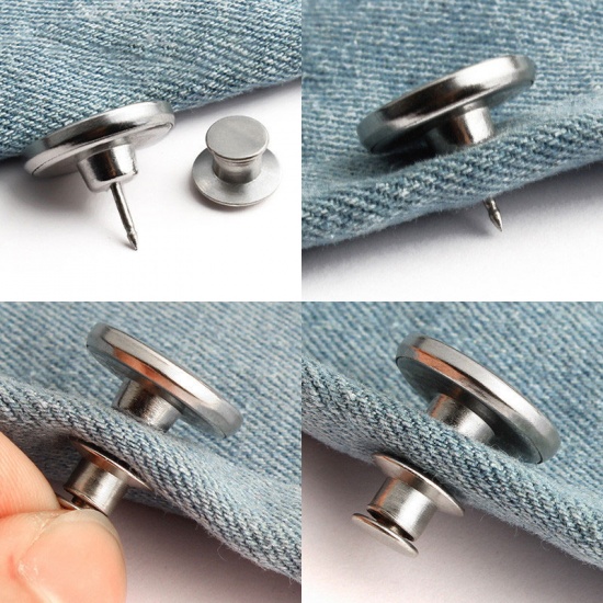 Picture of Zinc Based Alloy Metal Detachable Instant Snap Tack Fastener Jeans Buttons Pant Waistband Extender Round Silver Tone Flower Carved Adjustable 17mm Dia., 2 PCs