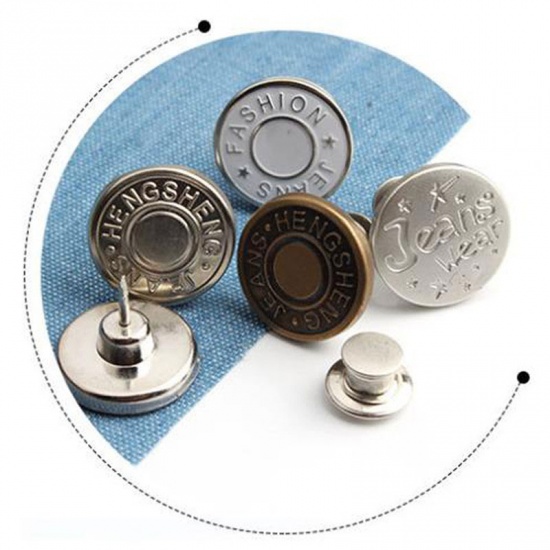 Picture of Zinc Based Alloy Metal Detachable Instant Snap Tack Fastener Jeans Buttons Pant Waistband Extender Round Silver Tone Message " Jeans " Adjustable 17mm Dia., 2 PCs