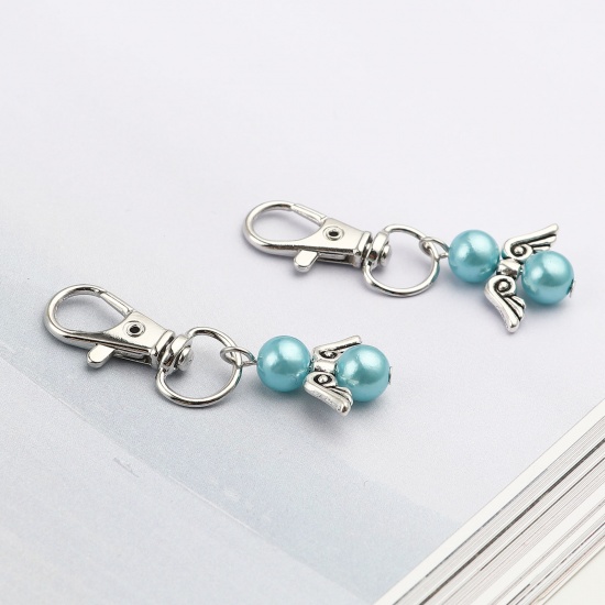 Picture of Keychain & Keyring Silver Tone Blue Round Wing Pearlized 53mm, 5 PCs