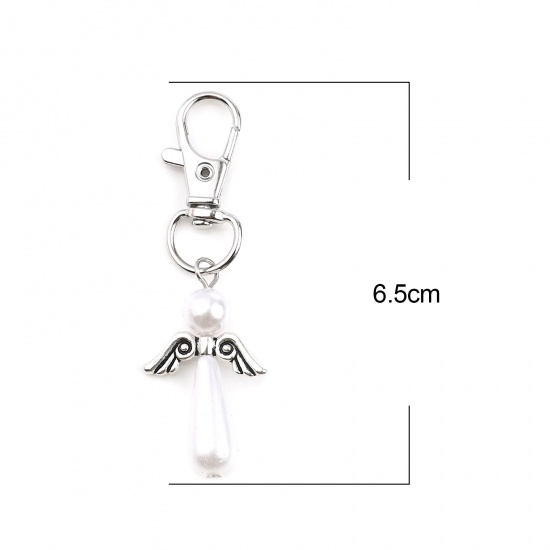 Picture of Keychain & Keyring Silver Tone White Drop Wing Pearlized 65mm, 5 PCs