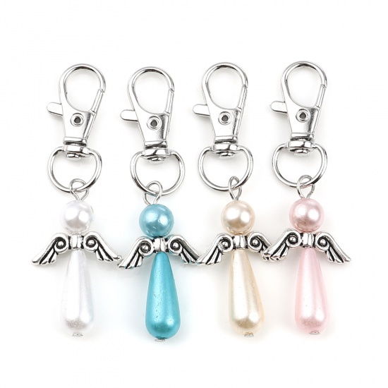 Picture of Keychain & Keyring Silver Tone White Drop Wing Pearlized 65mm, 5 PCs
