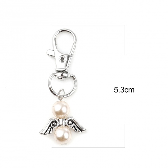 Picture of Keychain & Keyring Silver Tone Beige Round Wing Pearlized 53mm, 5 PCs