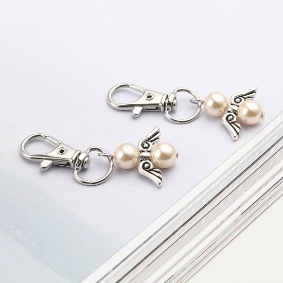 Picture of Keychain & Keyring Silver Tone Beige Round Wing Pearlized 53mm, 5 PCs