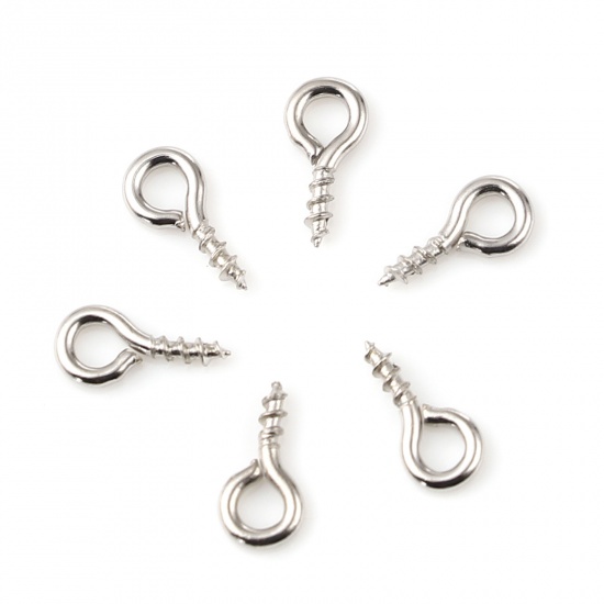 Picture of Iron Based Alloy Screw Eyes Bails Top Drilled Findings Silver Tone 8mm x 4mm, Needle Thickness: 1.3mm, 200 PCs