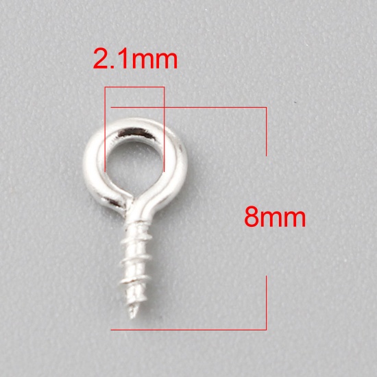 Picture of Iron Based Alloy Screw Eyes Bails Top Drilled Findings Silver Plated 8mm x 4mm, Needle Thickness: 1.3mm, 200 PCs