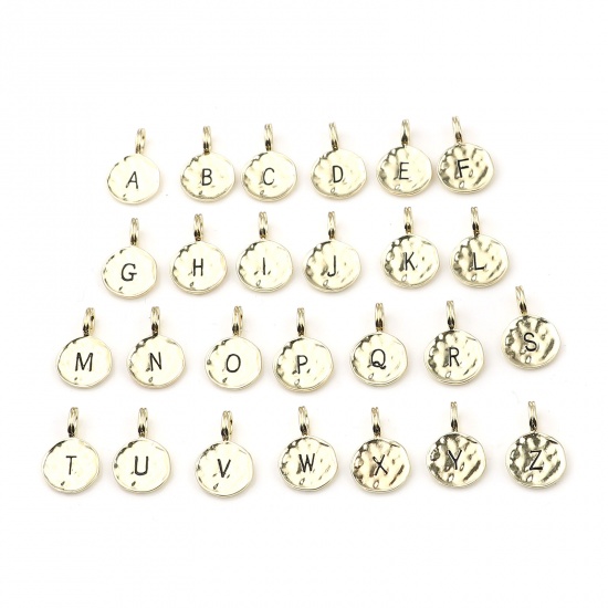 Bild von Zinklegierung Charms 16K Gold Rund Anfangsbuchstabe/ Großbuchstabe Emaille 17mm x 11mm, 1 Set ( 26 Stück/Satz)