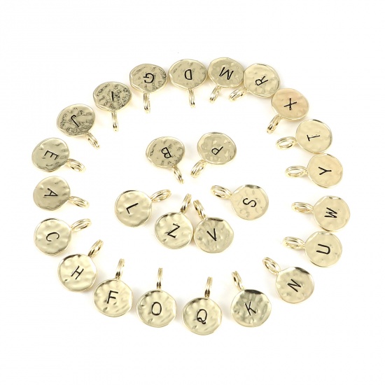 Bild von Zinklegierung Charms 16K Gold Rund Anfangsbuchstabe/ Großbuchstabe Emaille 17mm x 11mm, 1 Set ( 26 Stück/Satz)