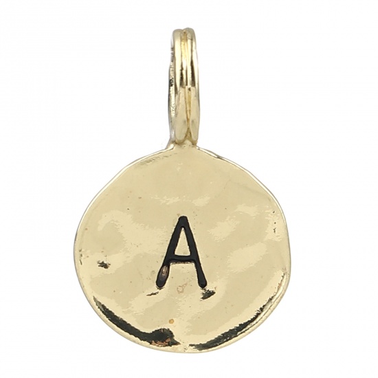 Bild von Zinklegierung Charms 16K Gold Rund Anfangsbuchstabe/ Großbuchstabe Message " A " Emaille 17mm x 11mm, 20 Stück