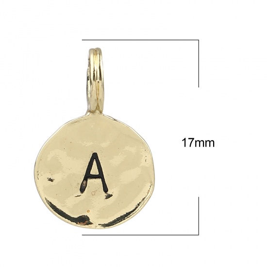 Bild von Zinklegierung Charms 16K Gold Rund Anfangsbuchstabe/ Großbuchstabe Message " A " Emaille 17mm x 11mm, 20 Stück