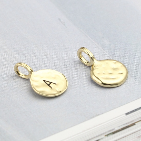 Bild von Zinklegierung Charms 16K Gold Rund Anfangsbuchstabe/ Großbuchstabe Message " A " Emaille 17mm x 11mm, 20 Stück