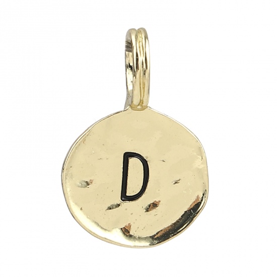 Bild von Zinklegierung Charms 16K Gold Rund Anfangsbuchstabe/ Großbuchstabe Message " D " Emaille 17mm x 11mm, 20 Stück