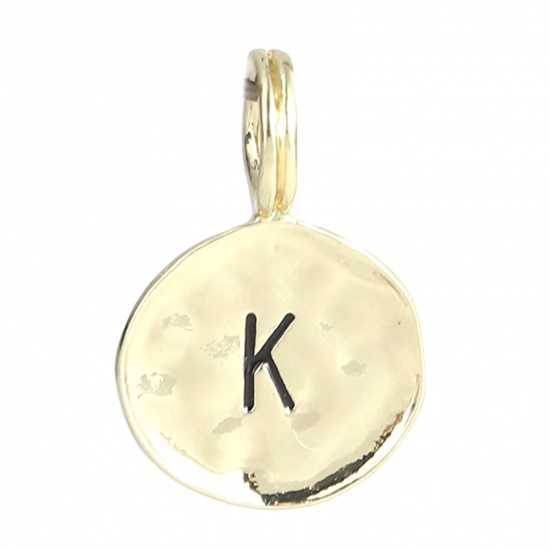 Bild von Zinklegierung Charms 16K Gold Rund Anfangsbuchstabe/ Großbuchstabe Message " K " Emaille 17mm x 11mm, 20 Stück