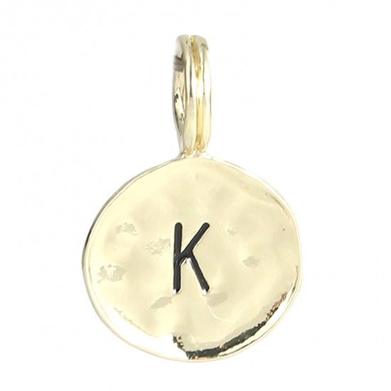 Picture of Zinc Based Alloy Charms 16K Gold Color Round Initial Alphabet/ Capital Letter Message " K " Enamel 17mm x 11mm, 20 PCs