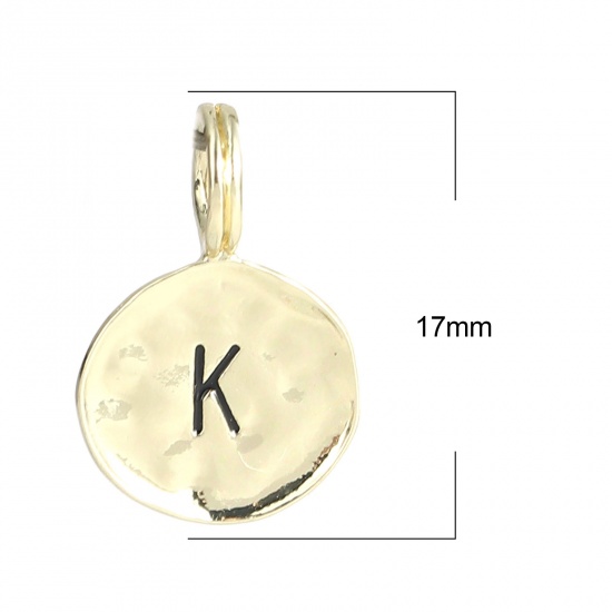 Bild von Zinklegierung Charms 16K Gold Rund Anfangsbuchstabe/ Großbuchstabe Message " K " Emaille 17mm x 11mm, 20 Stück