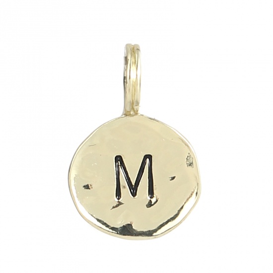 Picture of Zinc Based Alloy Charms 16K Gold Color Round Initial Alphabet/ Capital Letter Message " M " Enamel 17mm x 11mm, 20 PCs