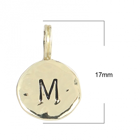 Bild von Zinklegierung Charms 16K Gold Rund Anfangsbuchstabe/ Großbuchstabe Message " M " Emaille 17mm x 11mm, 20 Stück