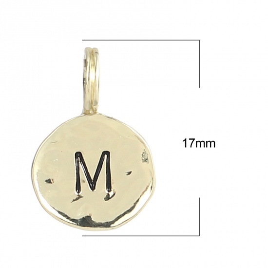 Picture of Zinc Based Alloy Charms 16K Gold Color Round Initial Alphabet/ Capital Letter Message " M " Enamel 17mm x 11mm, 20 PCs