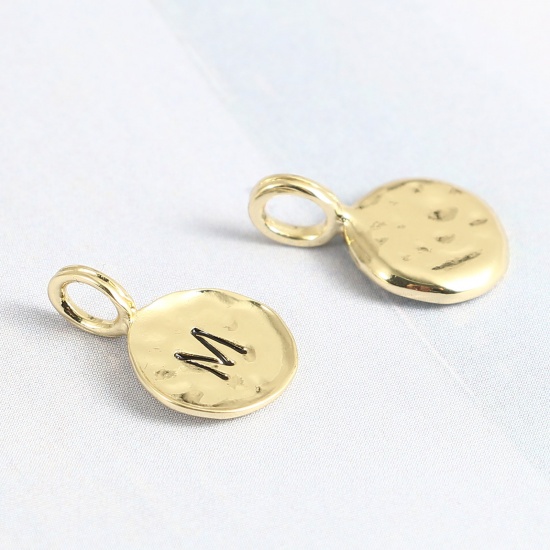 Picture of Zinc Based Alloy Charms 16K Gold Color Round Initial Alphabet/ Capital Letter Message " M " Enamel 17mm x 11mm, 20 PCs